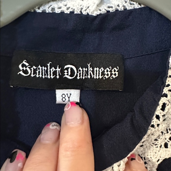 Navy Blue Kids Dress with White Trim - Picture 3 of 5